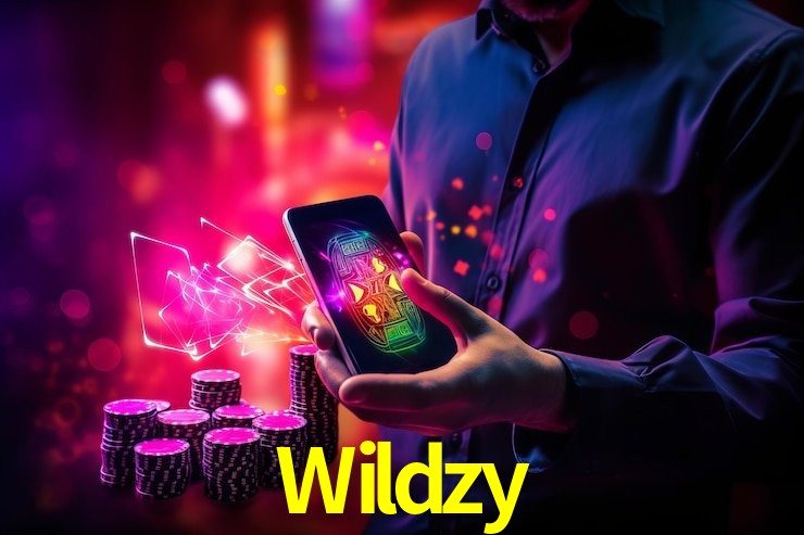 Una escena digital vívida inspirada en casino con Wildzy mostrado prominentemente, luces brillantes, fichas, cartas y acentos dorados.