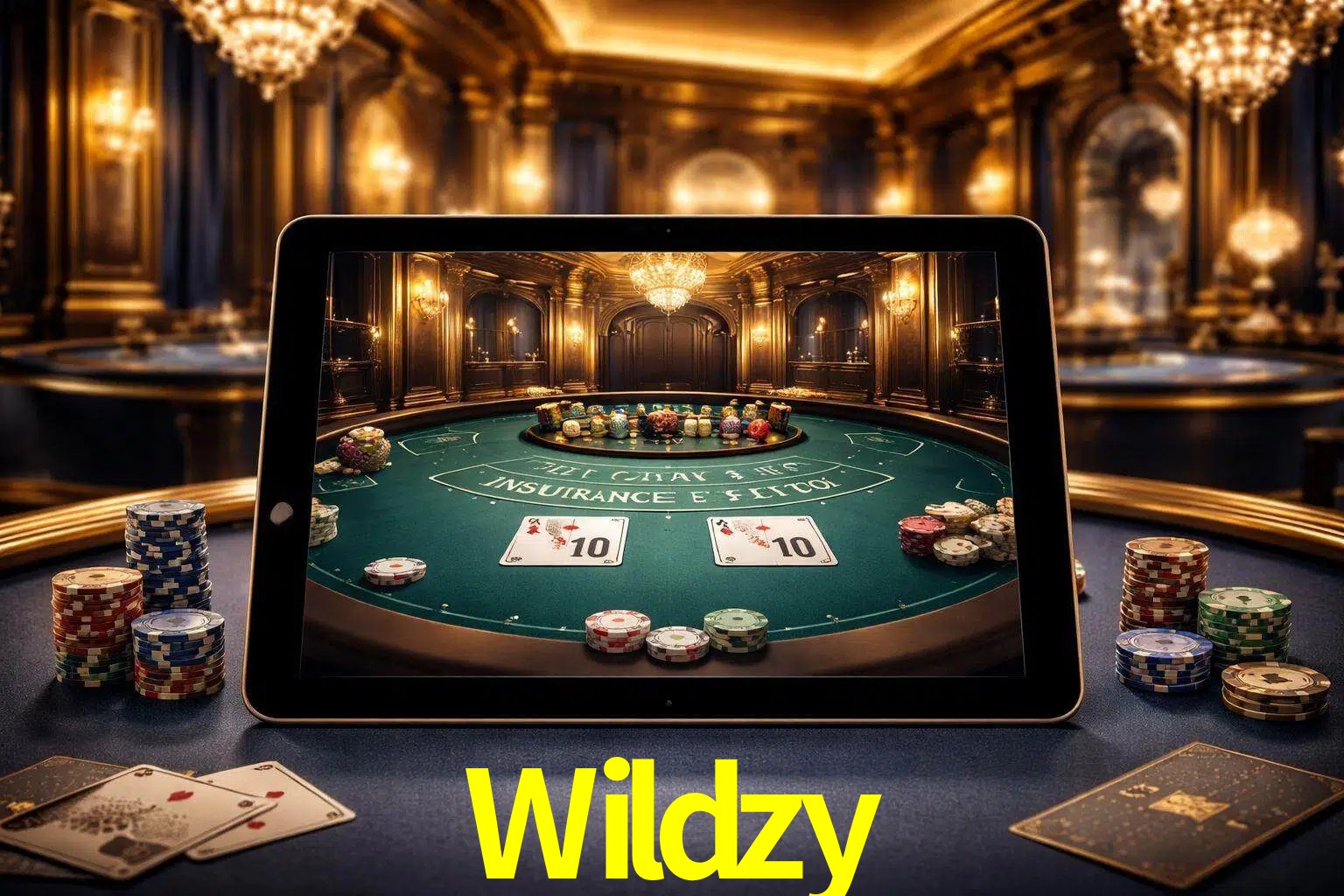 Configuración moderna de casino en vivo con una tableta mostrando una mesa de blackjack, luces cálidas de estudio y una atmósfera elegante de juegos digitales.