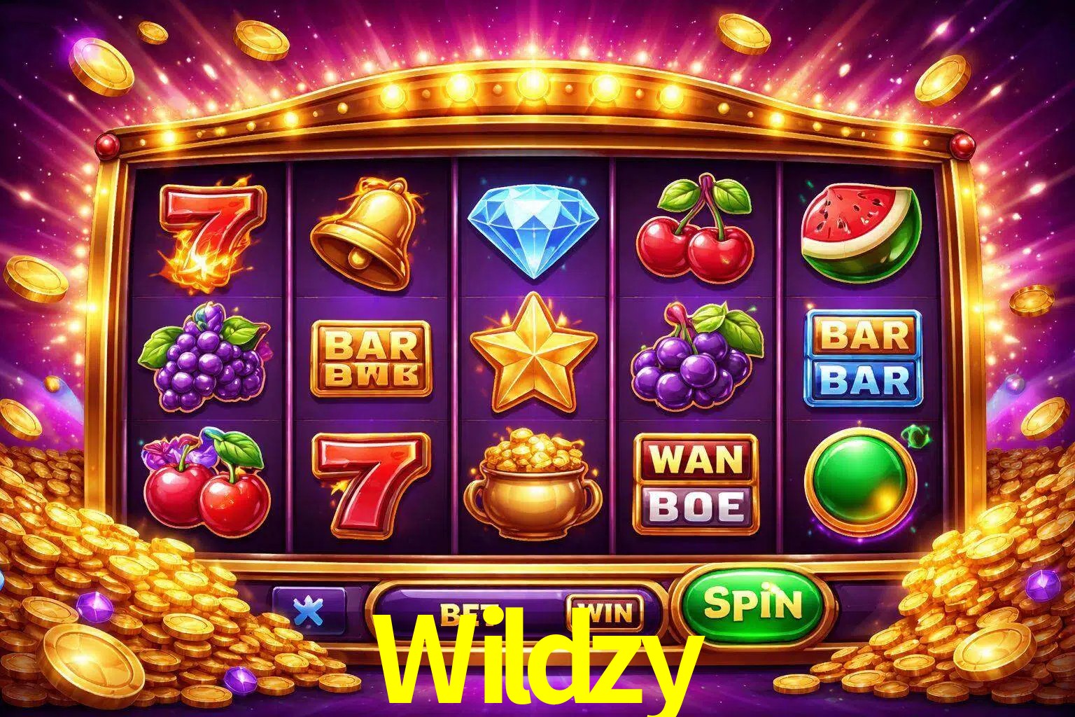 Una interfaz colorida de tragamonedas en línea con símbolos brillantes, monedas y un efecto de victoria celebratoria en Wildzy.