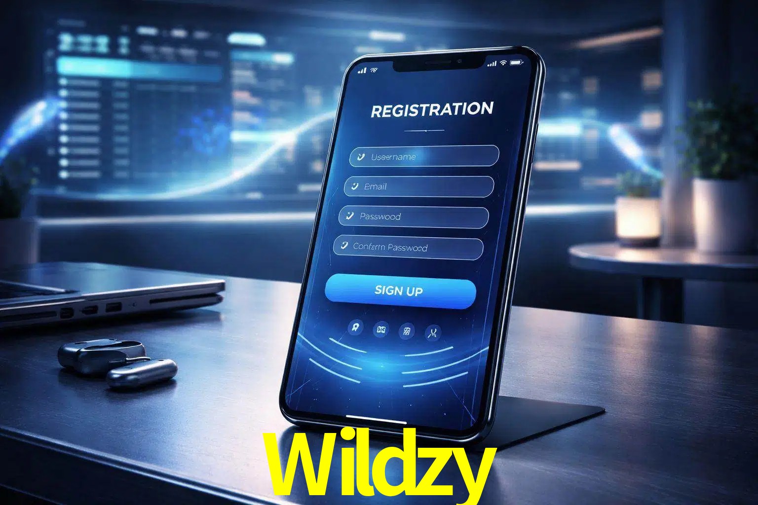 Una interfaz moderna de registro móvil para Wildzy mostrada en un smartphone con un panel de apuestas elegante.